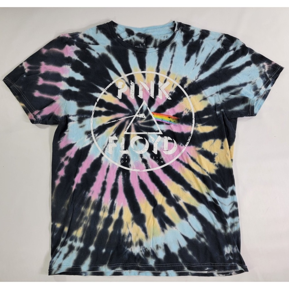 Pink Floyd Dark Side Spiral Tie-Dye T-Shirt Sz L Pink Yellow‎ Blue Rock Band Tee